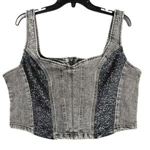 Bebe Shirt Womens XL Gray Lace Insert Denim Bustier Stretch Cropped Tank Top